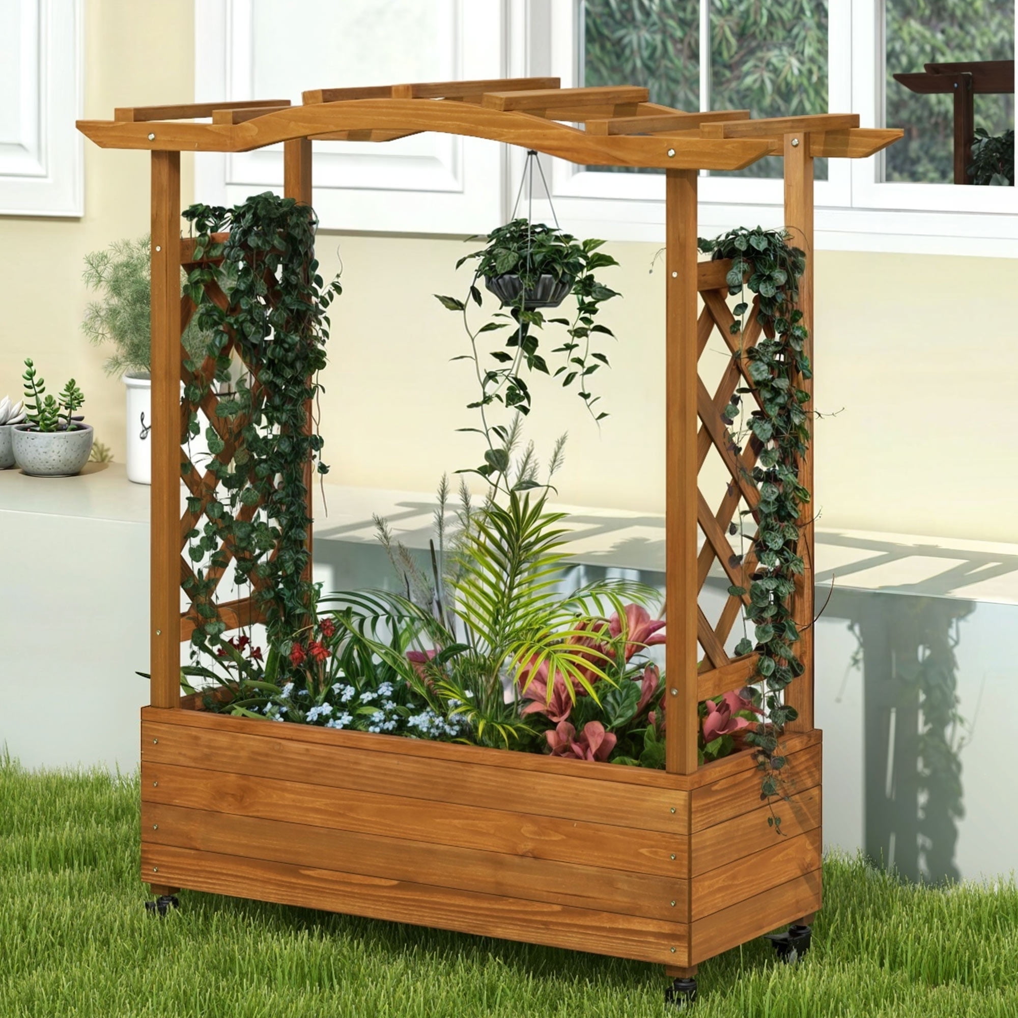 Brown Solid Wood Raised Garden Bed with Trellis and Hanging Roof