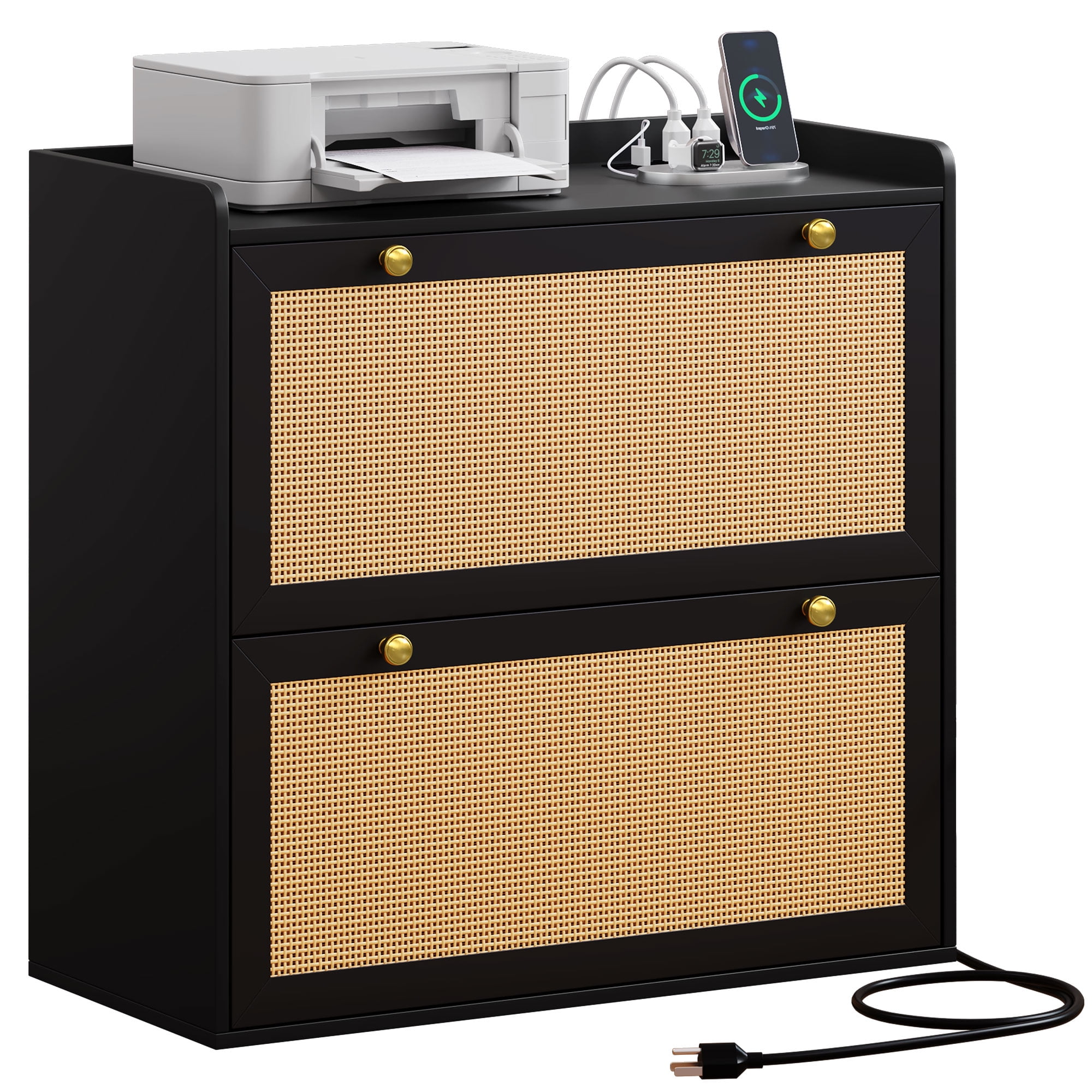 Dextrus Rattan 2 Drawer File Cabinet with Charging Station, Lateral Wood Filing Cabinet Printer Stand Fits A4 Letter Legal Size Files, Black
