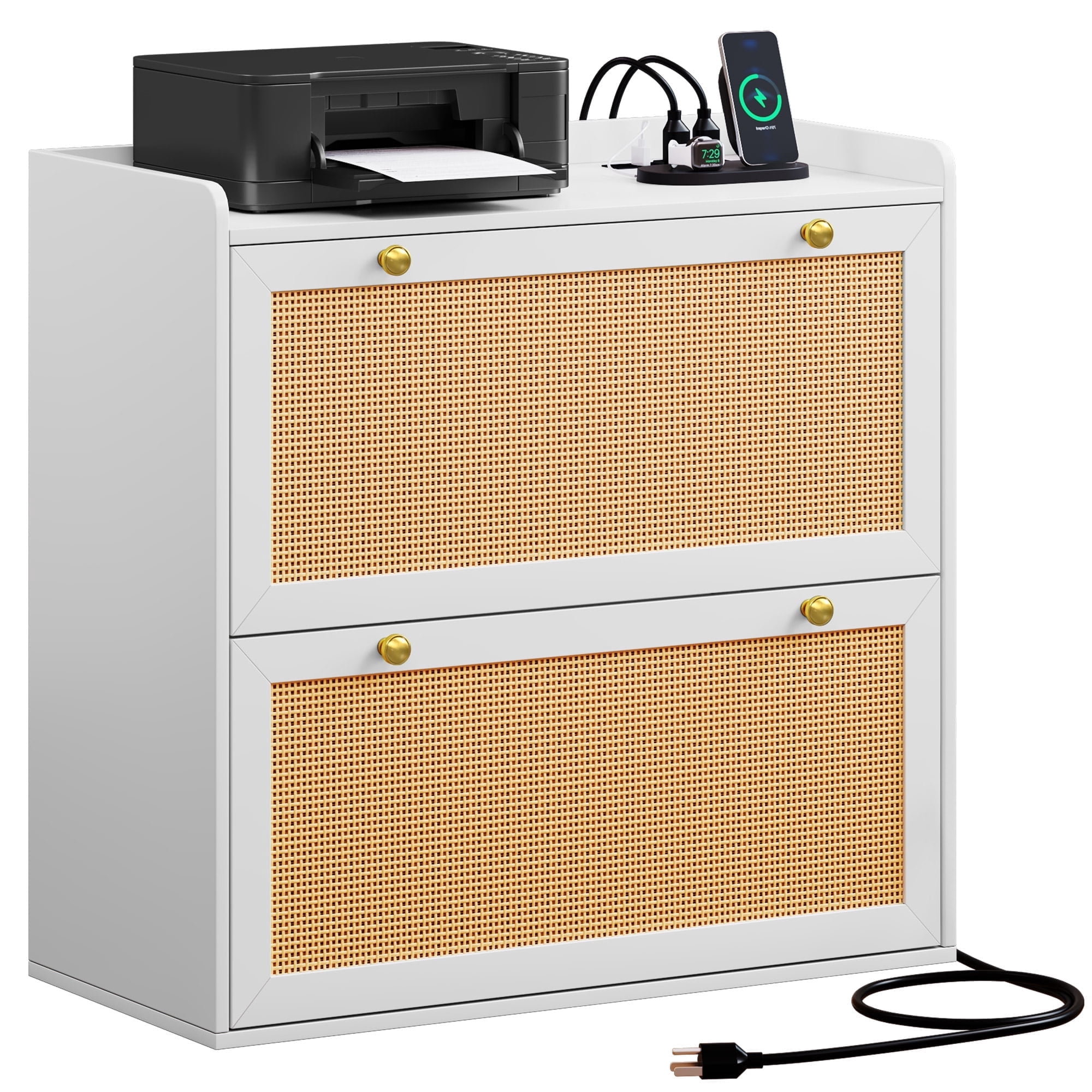 Dextrus Rattan 2 Drawer File Cabinet with Charging Station, Wood Lateral Filing Cabinet Printer Stand Fits A4 Letter Legal Size Files, White