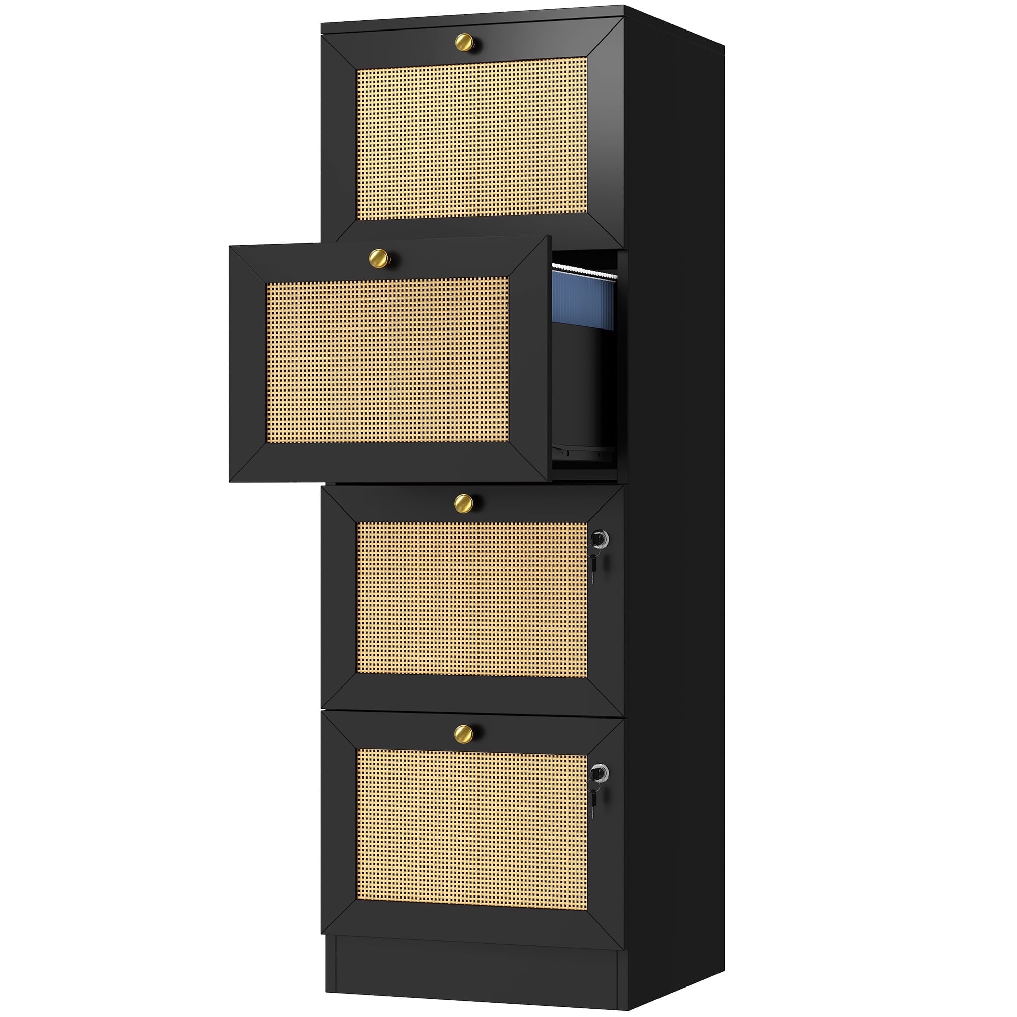 Dextrus Rattan 4-Drawer Wood File Cabinet with Lock,15.82" Deep Vertical Filing Cabinet for Letter A4-Sized Files, Chest Organizer Office Storage, Black