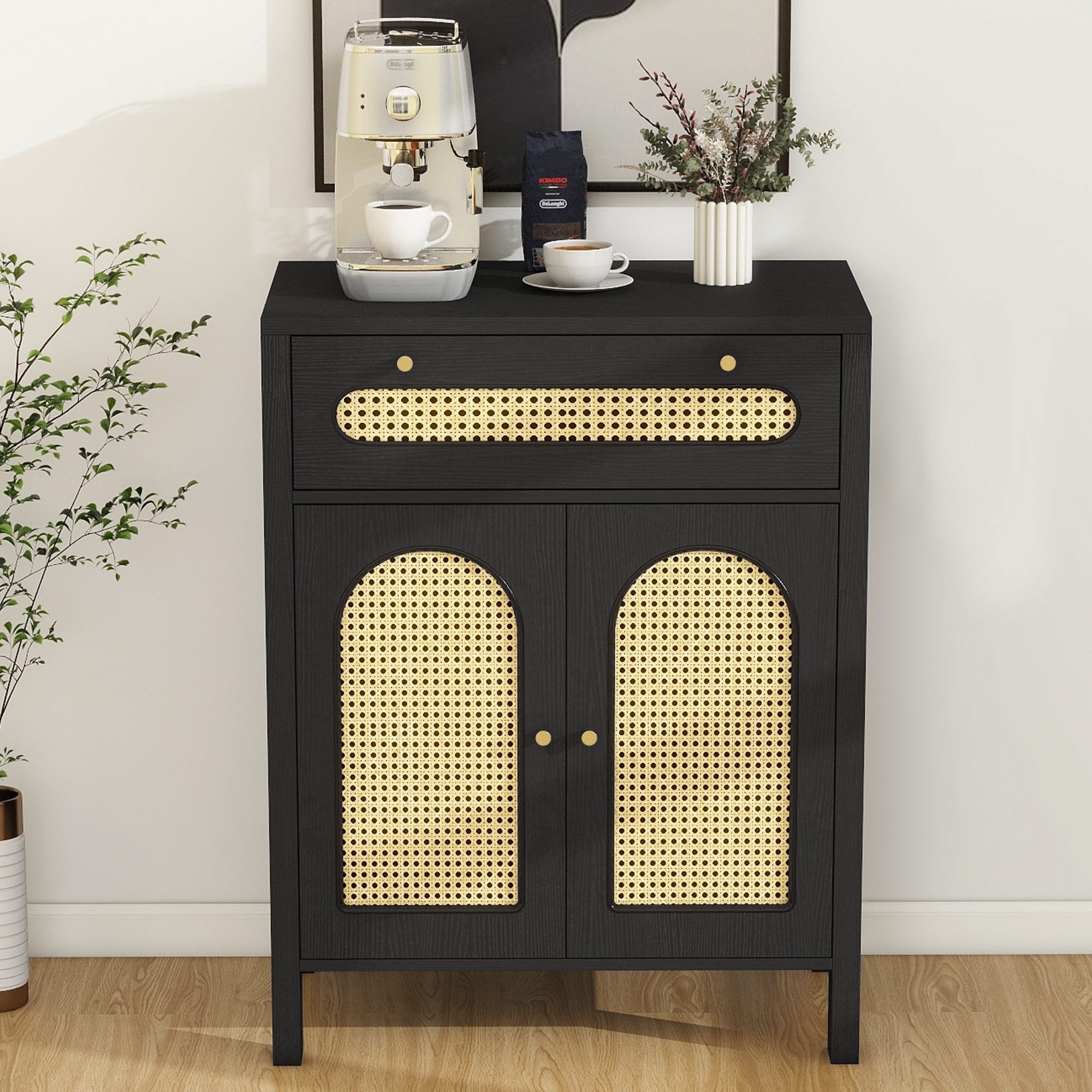 Black MDF and Rattan Accent Cabinet with Adjustable Shelving