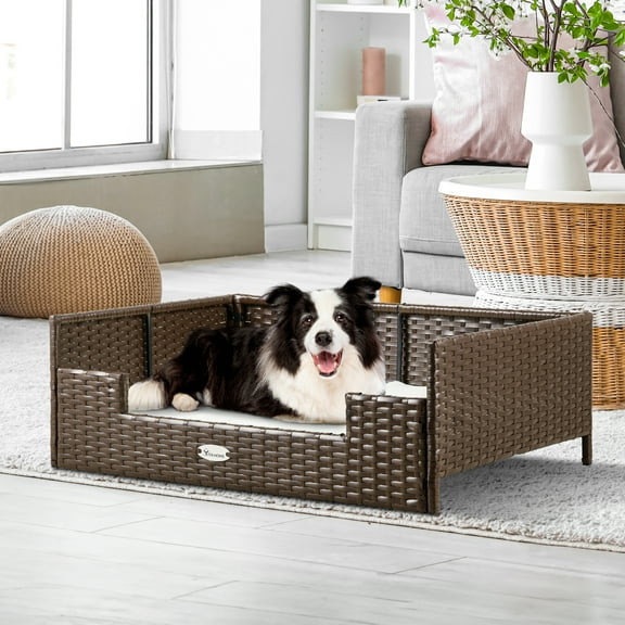 Dextrus Rattan Dog Bed for Large Medium Dogs and Cats, 34.6''Lx23.6''Wx11.8''H Indoor Outdoor Pet Bed with Beige Cushion
