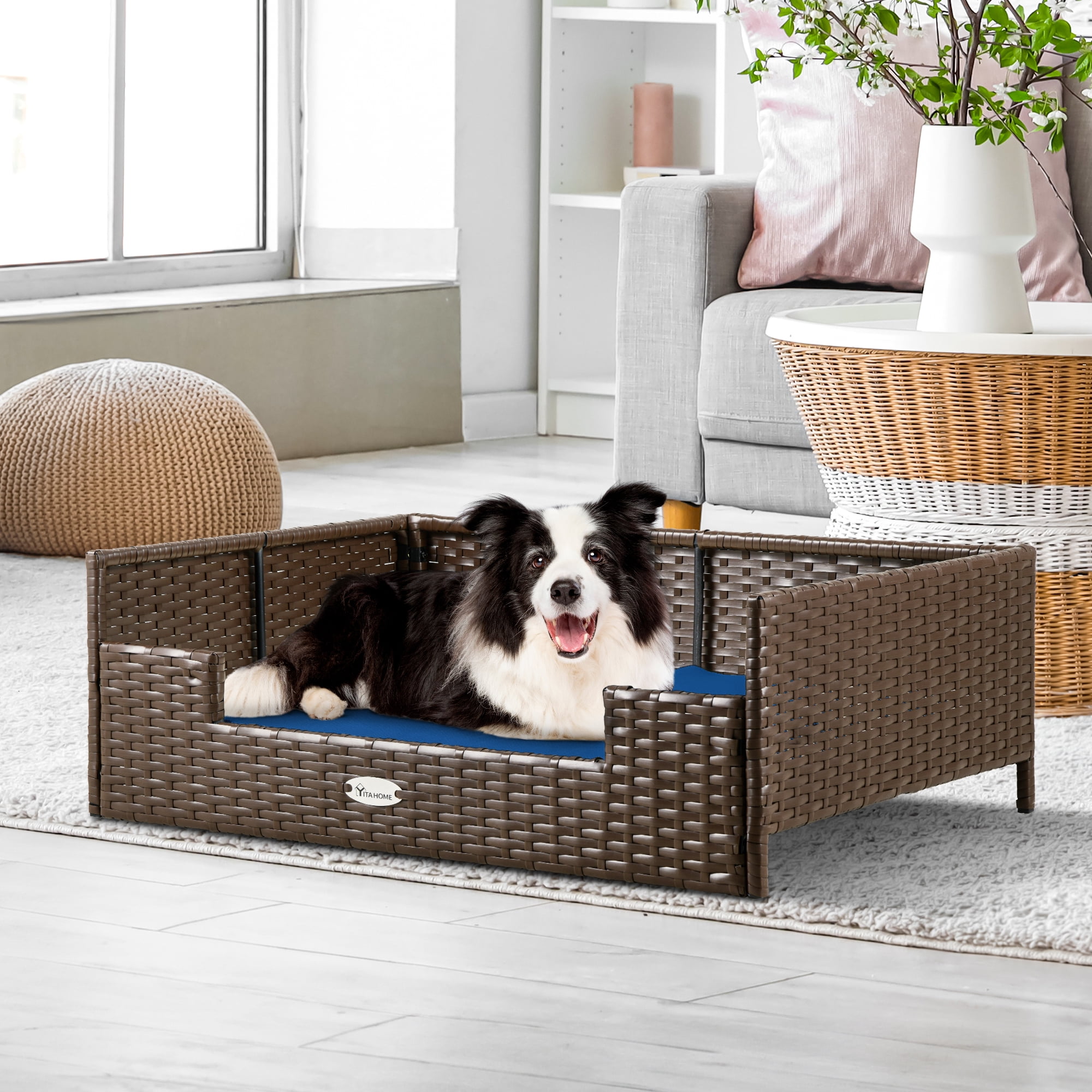 Dextrus Rattan Dog Bed for Large Medium Dogs and Cats, 34.6''Lx23.6''Wx11.8''H Indoor Outdoor Pet Bed with Blue Cushion