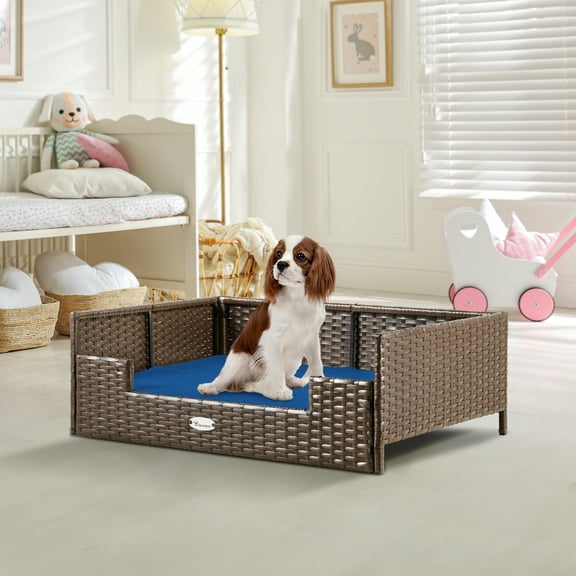 Dextrus Rattan Dog Bed with Blue Cushion, Indoor Outdoor Pet Bed for Small Medium Dogs and Cats,24.8''L*19.7''W*9.8''H,Brown