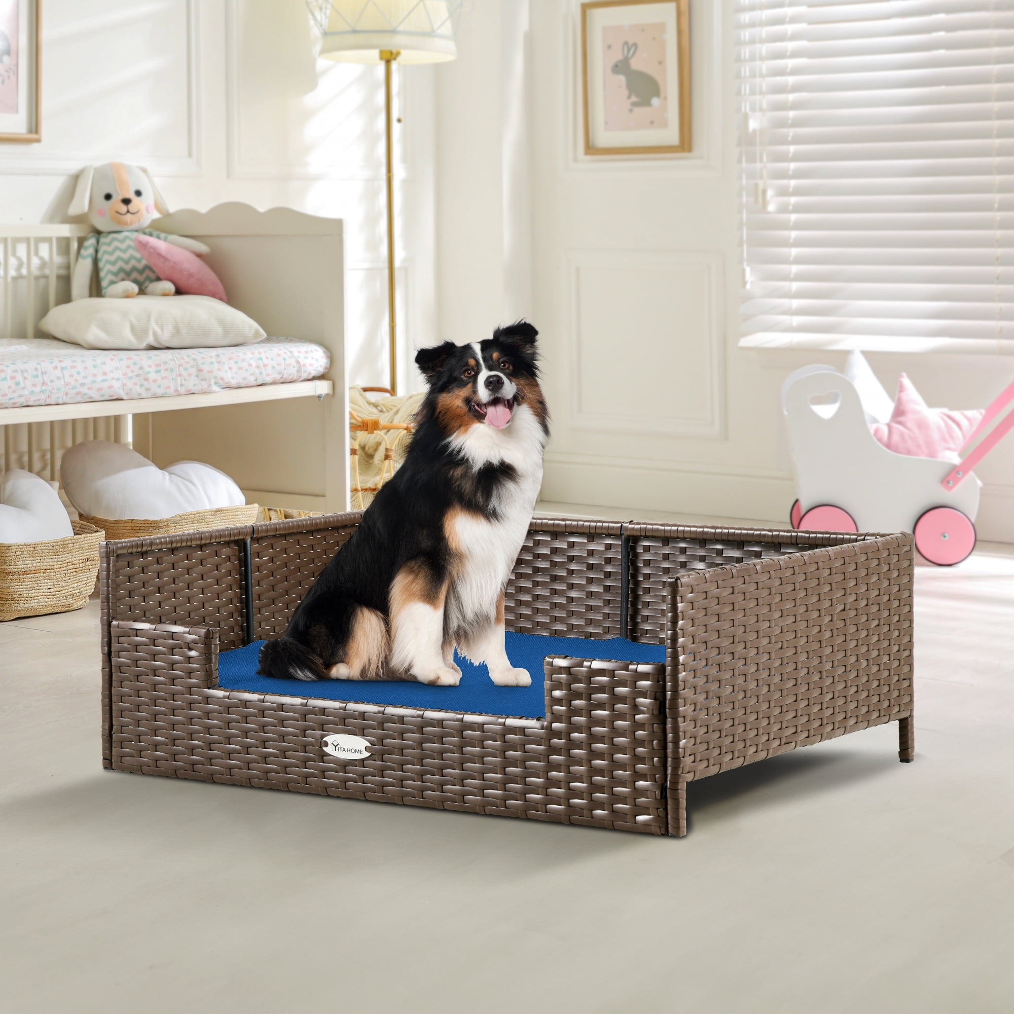 Dextrus Rattan Dog Bed with Blue Cushion, Indoor Outdoor Pet Bed for Small Medium Dogs and Cats,34.6''Lx23.6''Wx11.8''H,Brown