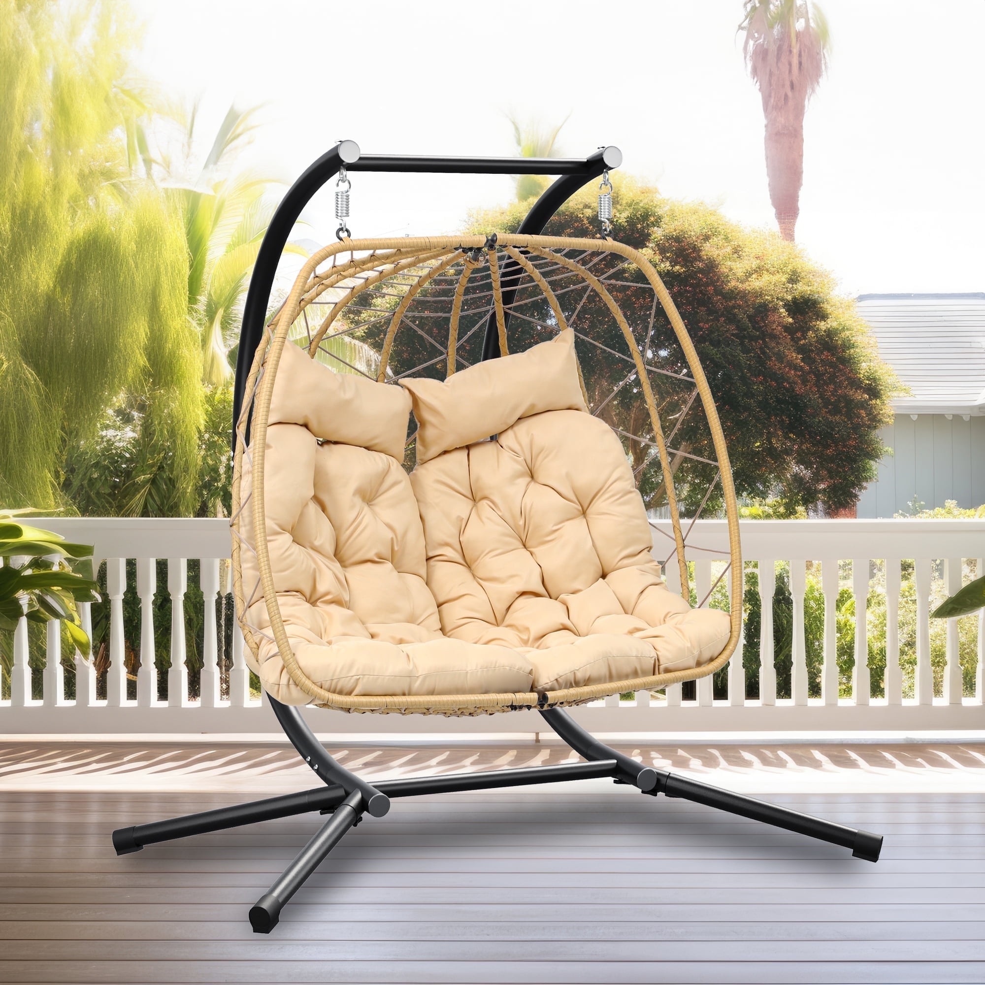 Dextrus Rattan Egg Hanging Chair with Stand, Beige