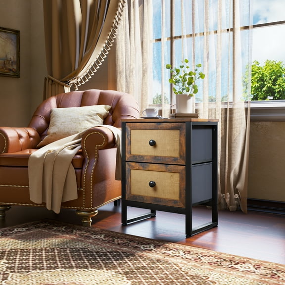 Dextrus Rattan Nightstand with 2 Drawers, Rustic Brown