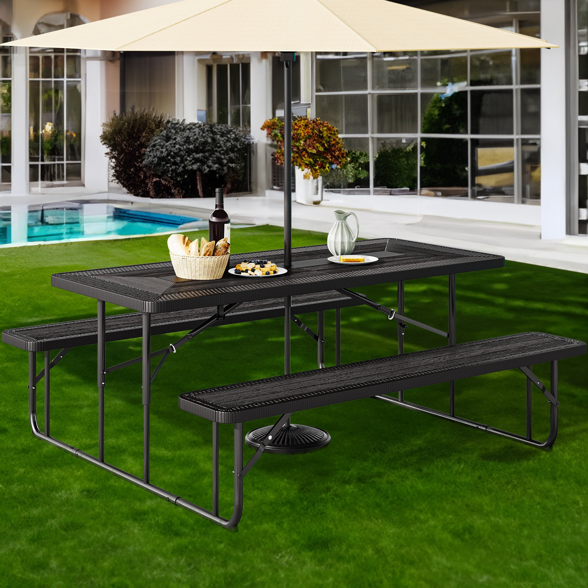 Dextrus Rattan Texture Folding Picnic Table 6FT Outdoor Table with Durable Tabletop Sturdy Steel Frame Built in Umbrella Hole for Yard Patio