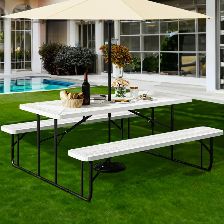 Dextrus Rattan Texture Folding Picnic Table 6FT Outdoor Table with Durable Tabletop Sturdy Steel Frame Built in Umbrella Hole for Yard Patio