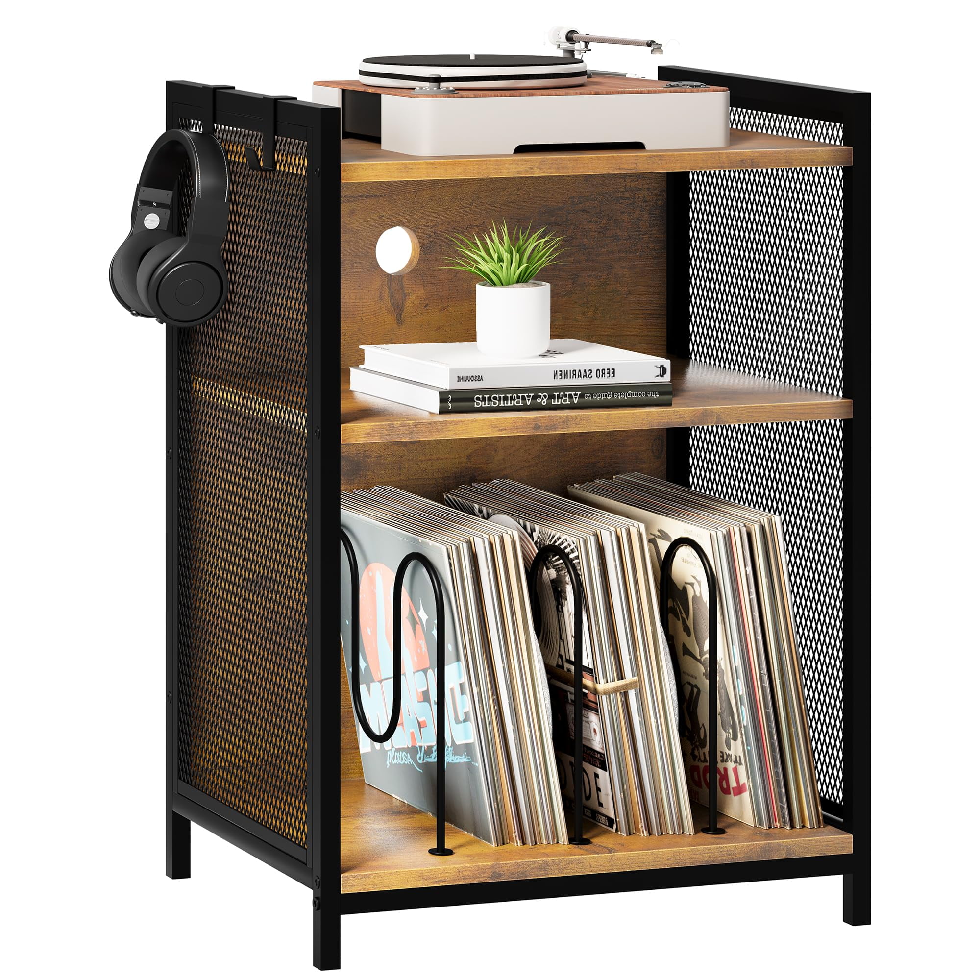 Dextrus Record Player Stand, 2Tier Vinyl Record End Table with Metal