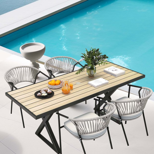 Dextrus Rectangular Patio Dining Table for 68, w/ Umbrella Hole Wood