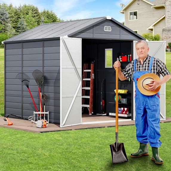 Dextrus Resin Outdoor Storage Shed,7.87x9.1ft Heavy-Duty Plastic Tool Storage Shed with Reinforced Floor,Lockable Doors,Windows & Vents,Weather-Resistant for Outdoor Use