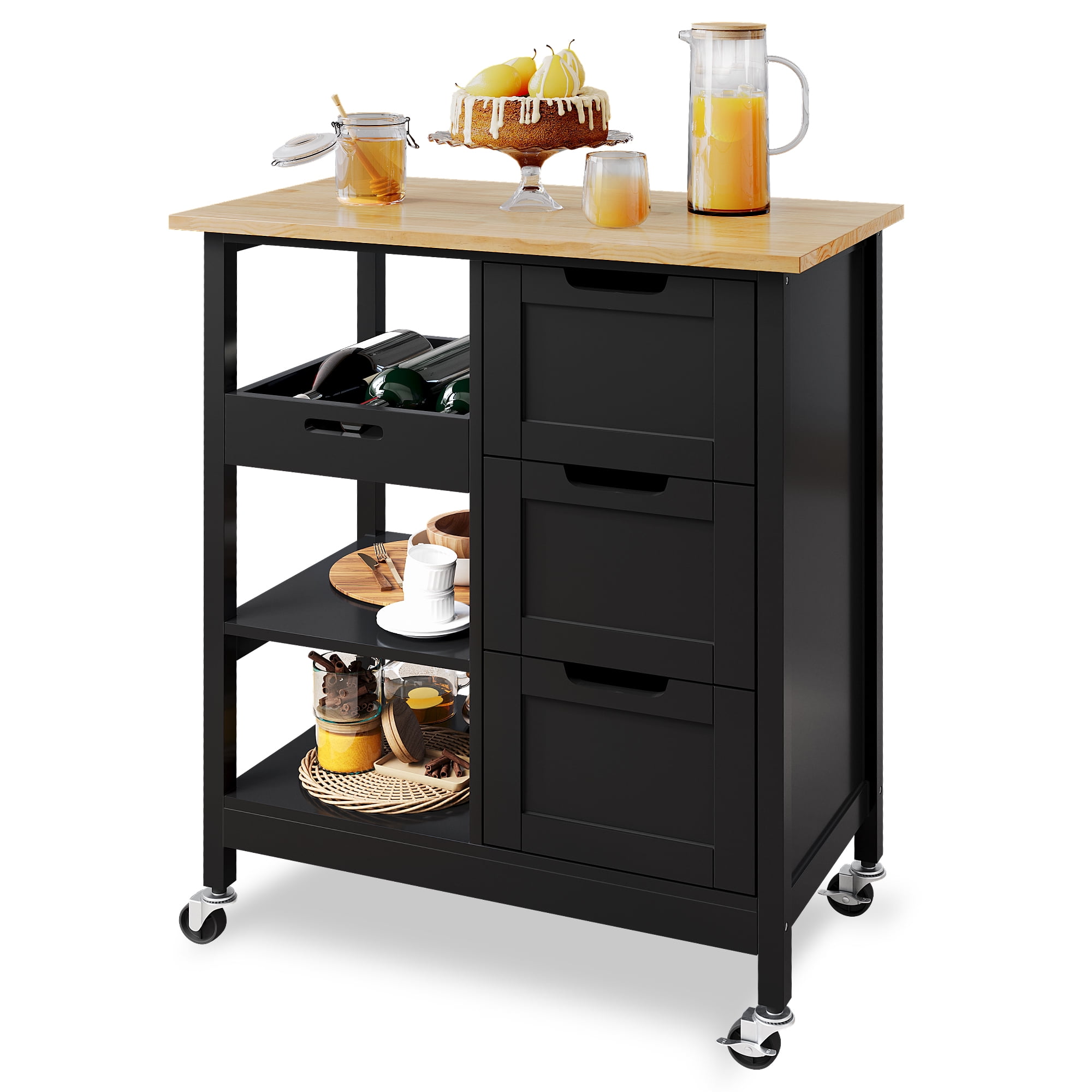 Dextrus Rolling Kitchen Island Cart with Countertop and Drawer, 3 Tier
