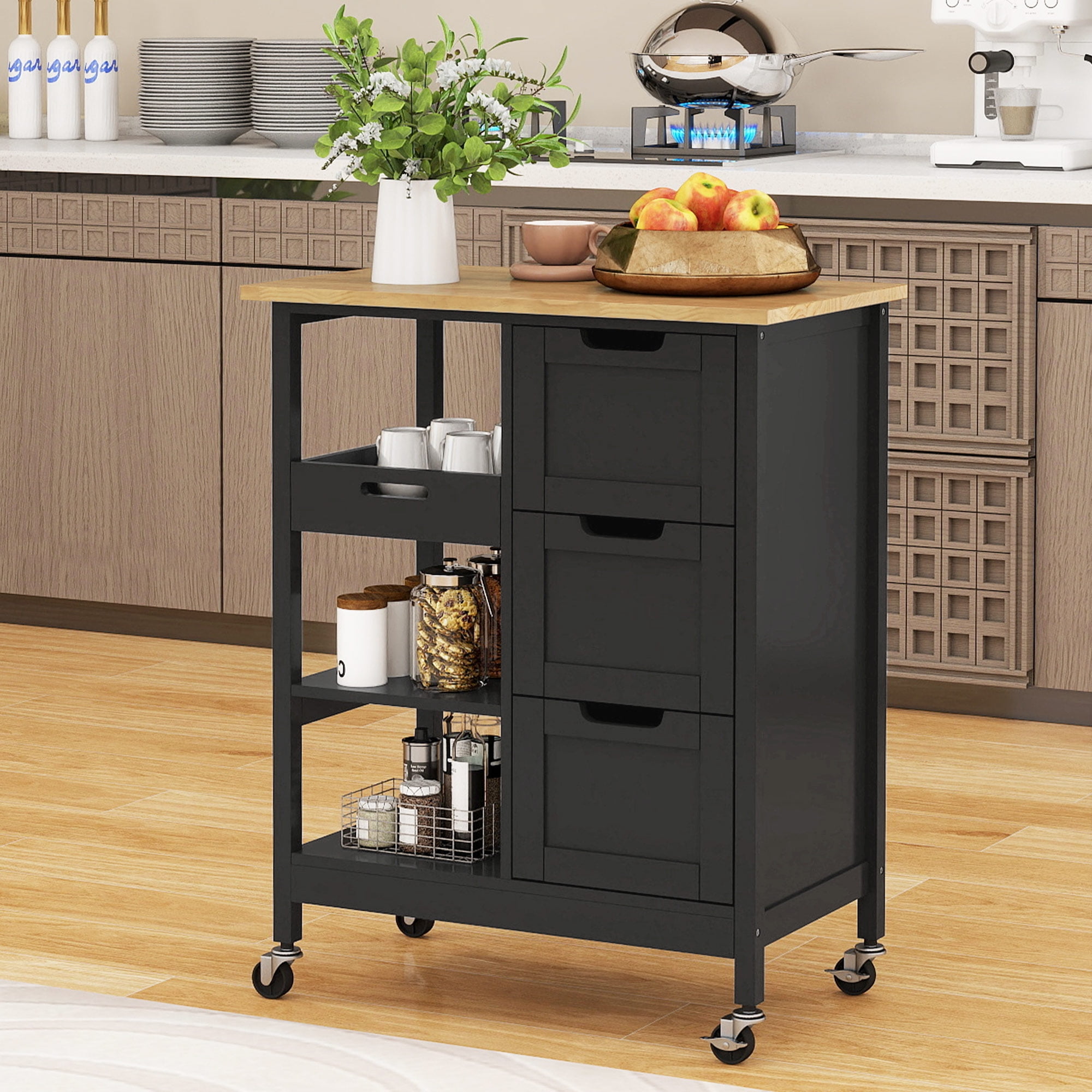 Dextrus Rolling Kitchen Island with Drawers, 3-Tier Kitchen Storage Cart with Shelves, Black