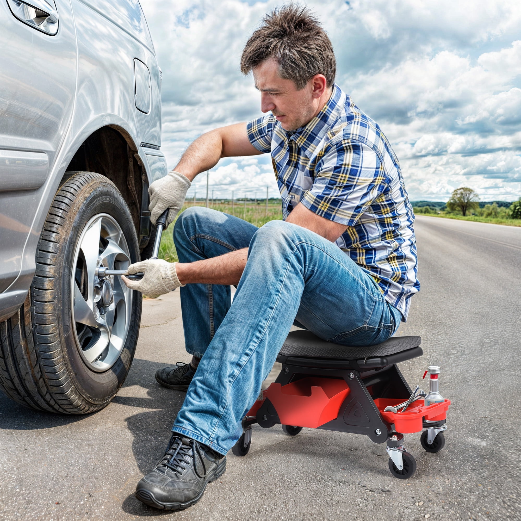 Dextrus Rolling Mechanic Stool 330 LBS with Wheels, Mechanics Seat with 2 Removable Trays and Drawer
