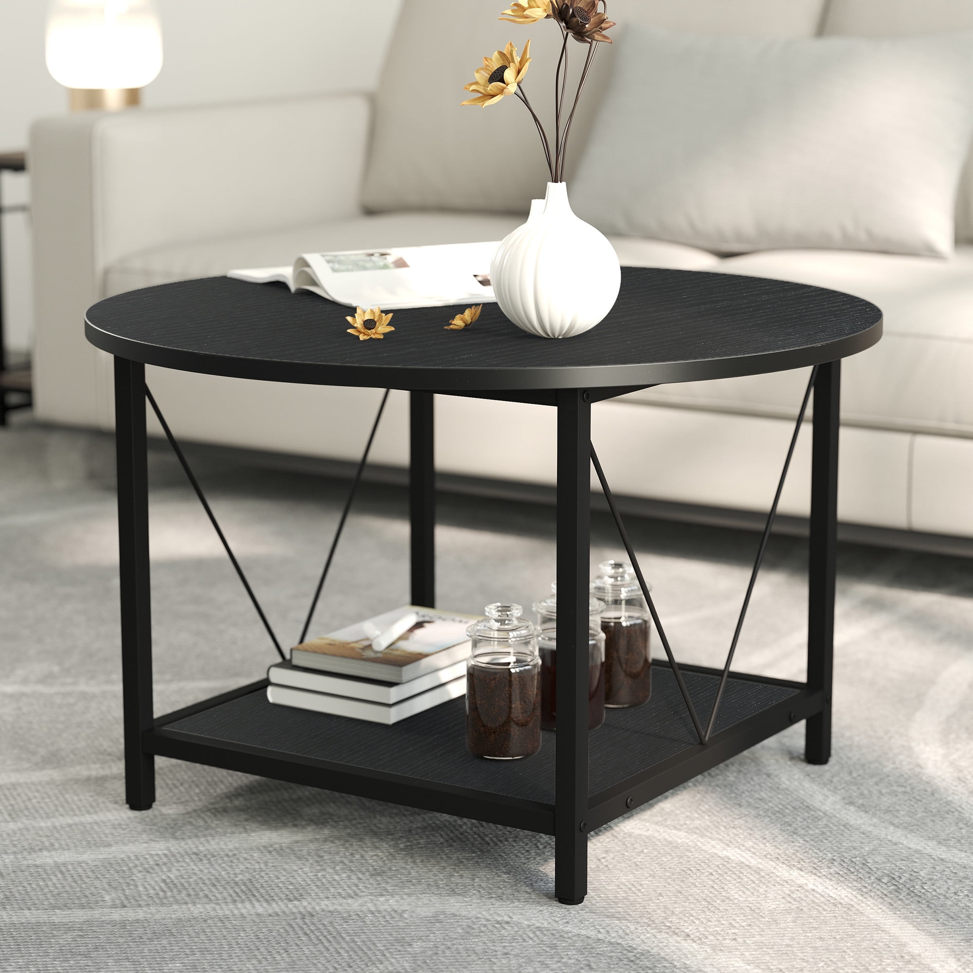 Dextrus Round Coffee Table with Storage Sturdy Metal Legs Black Size 31.5 inch x 17.71 inch