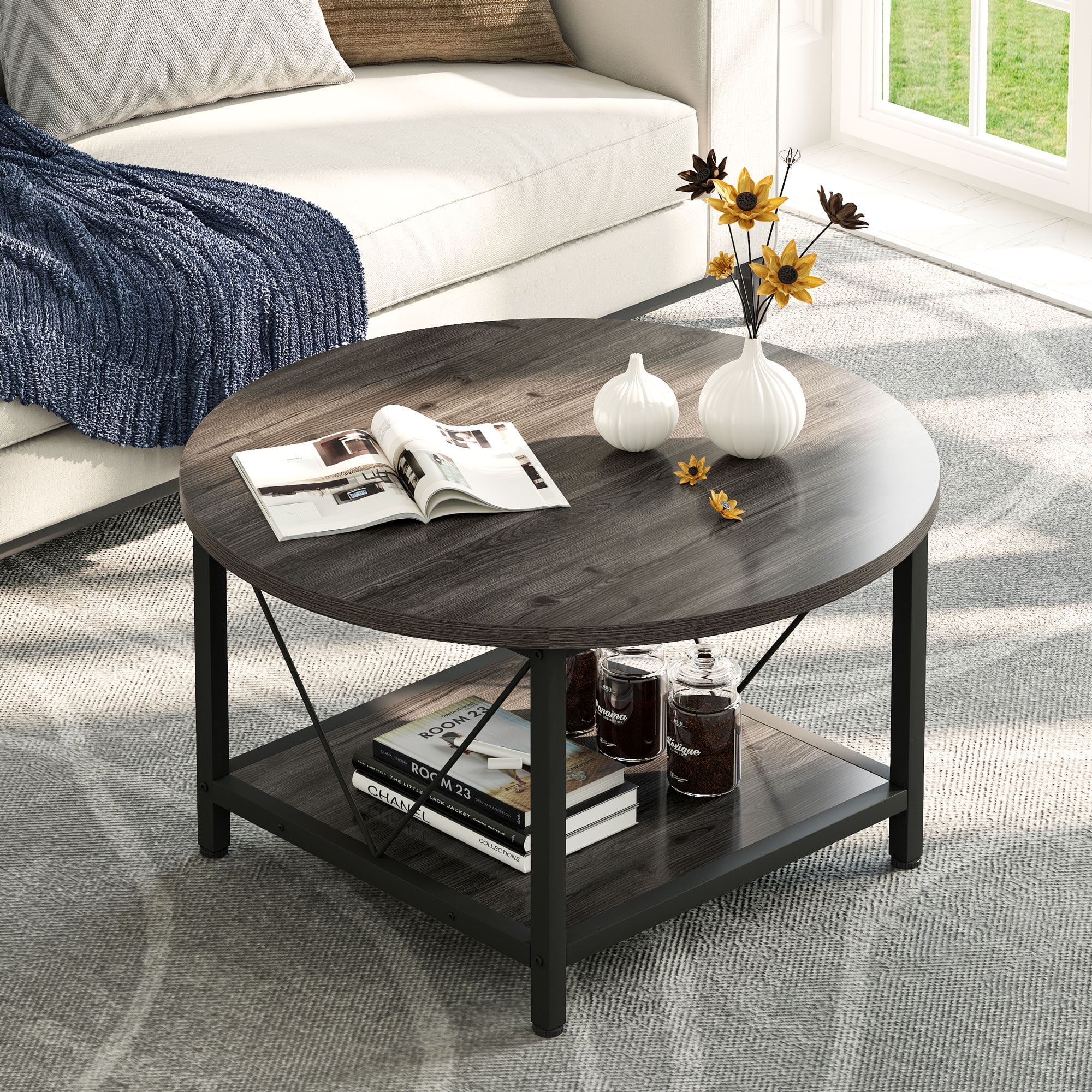 Dextrus Round Coffee Table With Storage Rustic Living Room Tables Sy Metal Legs Dark Gray Com