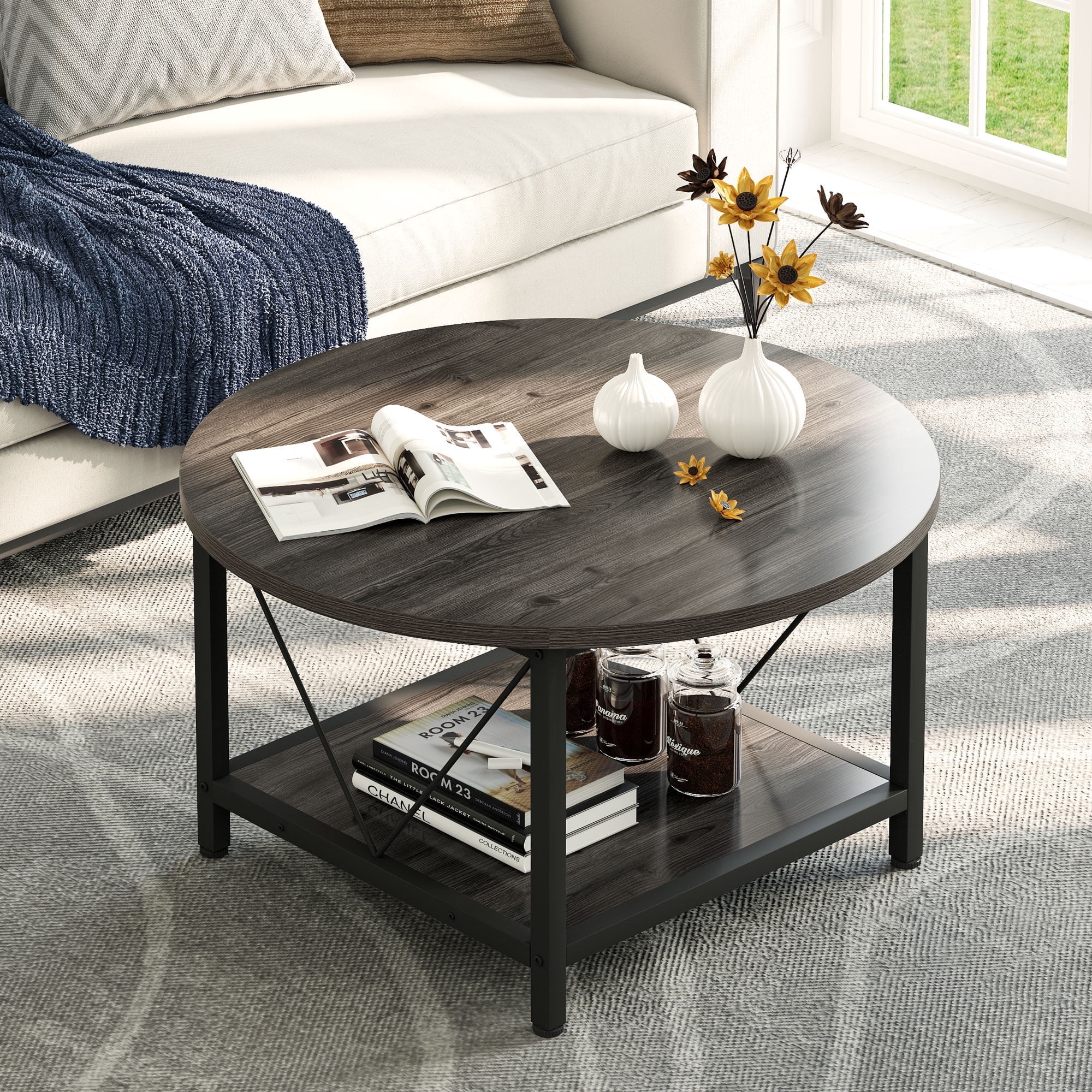 Dextrus Round Coffee Table with Storage, Rustic Living Room Tables ...