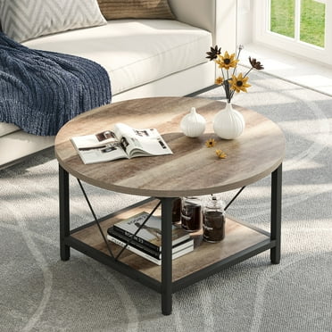 Dextrus Round Coffee Table with Storage, Rustic Living Room Tables with Sturdy Metal Legs, Gray Wash