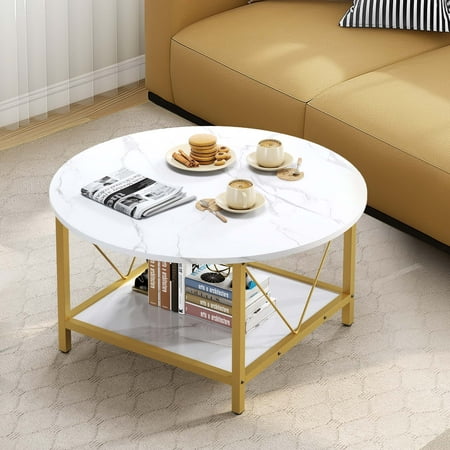 Dextrus Round Coffee Table with Storage, Rustic Living Room Tables with Sturdy Metal Legs, Marble White and Gold