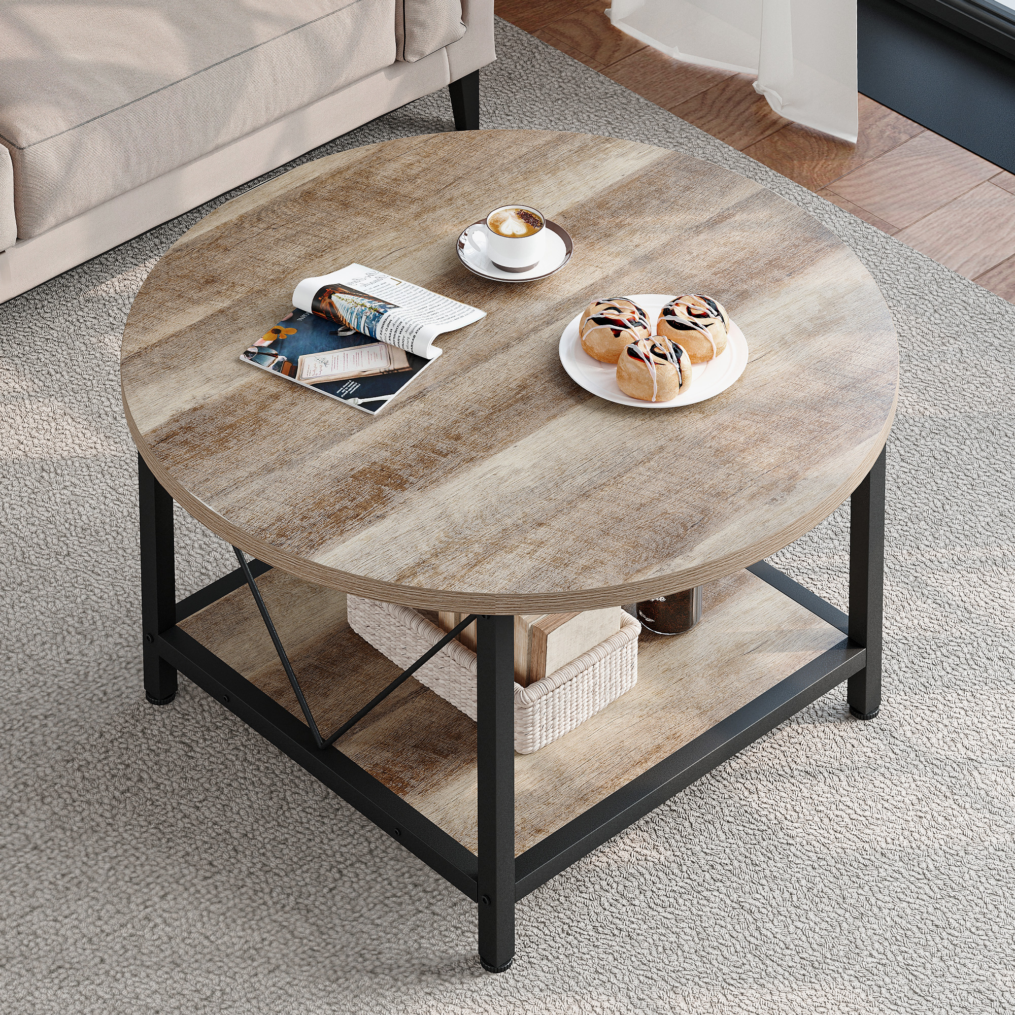 Dextrus Industrial Round Coffee Table Rustic Metal Legs Wood Finish 