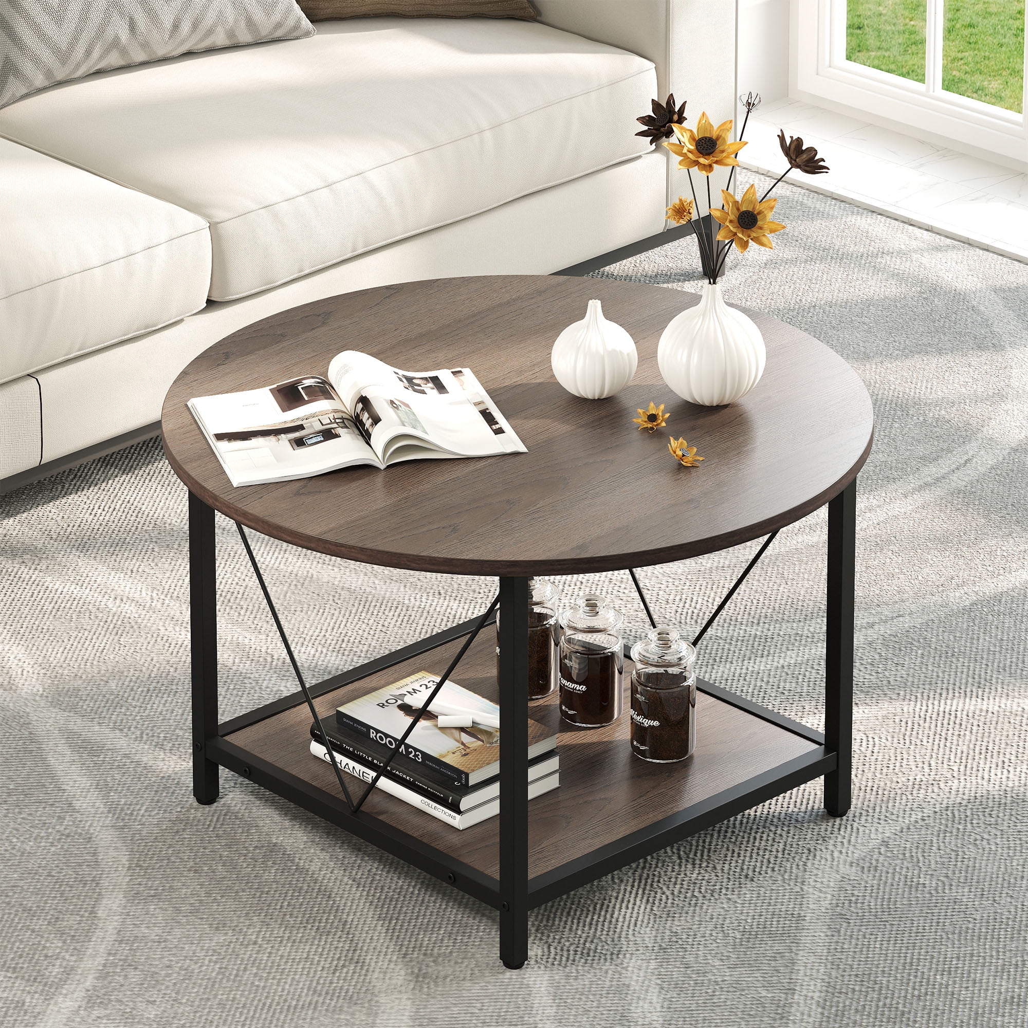 Dextrus Round Coffee Table with Storage Rustic Living Room Tables with Sturdy Metal Legs Brown