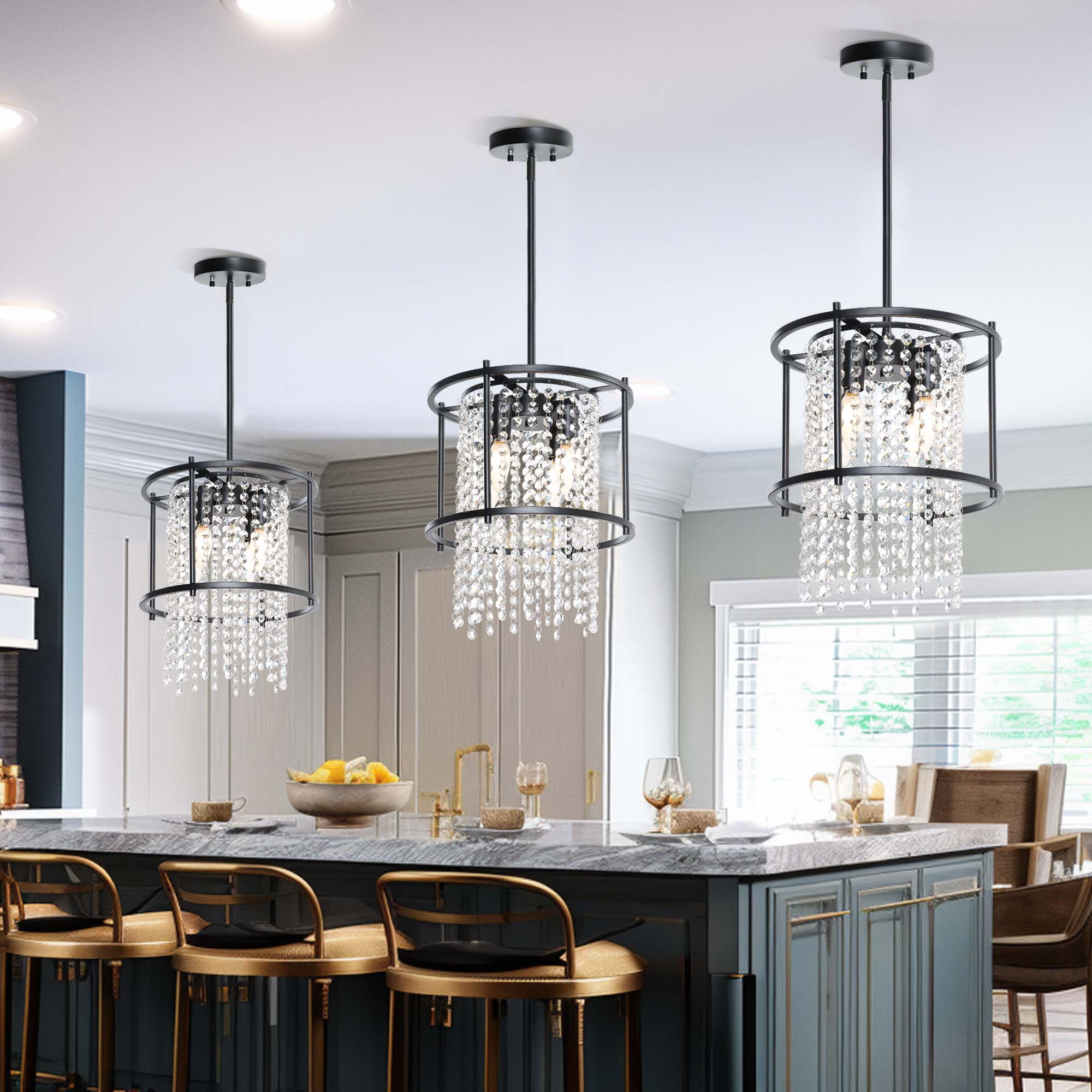 Dextrus Round Crystal Chandeliers, Modern Black Metal Crystal