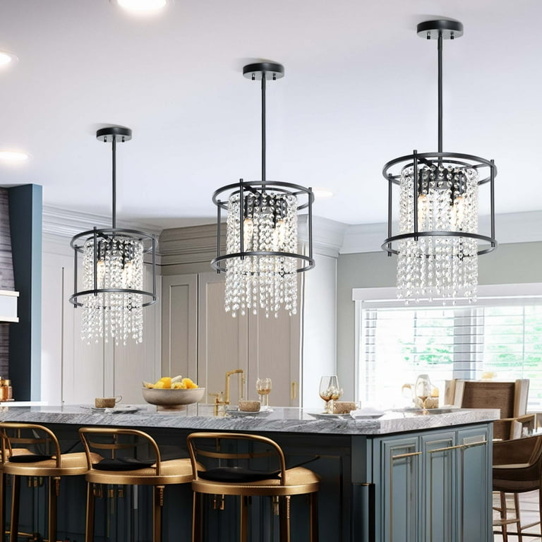 Dextrus Round Crystal Chandeliers Modern Black Metal Crystal Pendant Light Ceiling Light Fixture for Dining Room Living Room Kitchen Island Bar