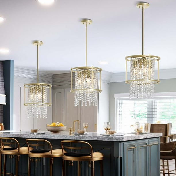 Dextrus Round Crystal Chandeliers Modern Gold Metal Crystal Pendant Light Ceiling Light Fixture for Dining Room Living Room Kitchen Island Bar UL