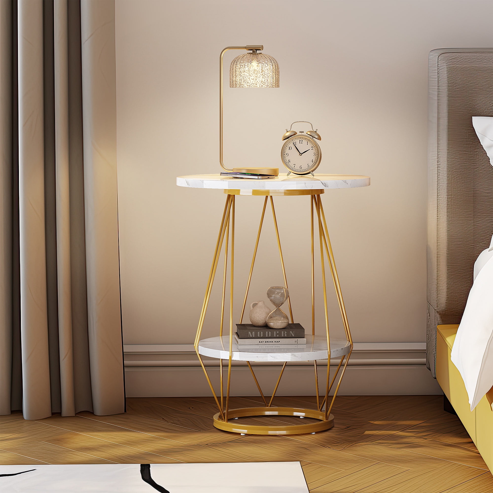 Dextrus Round End Tables, 2-Tier Modern Coffee Side Table with Faux Marble Top, White & Gold