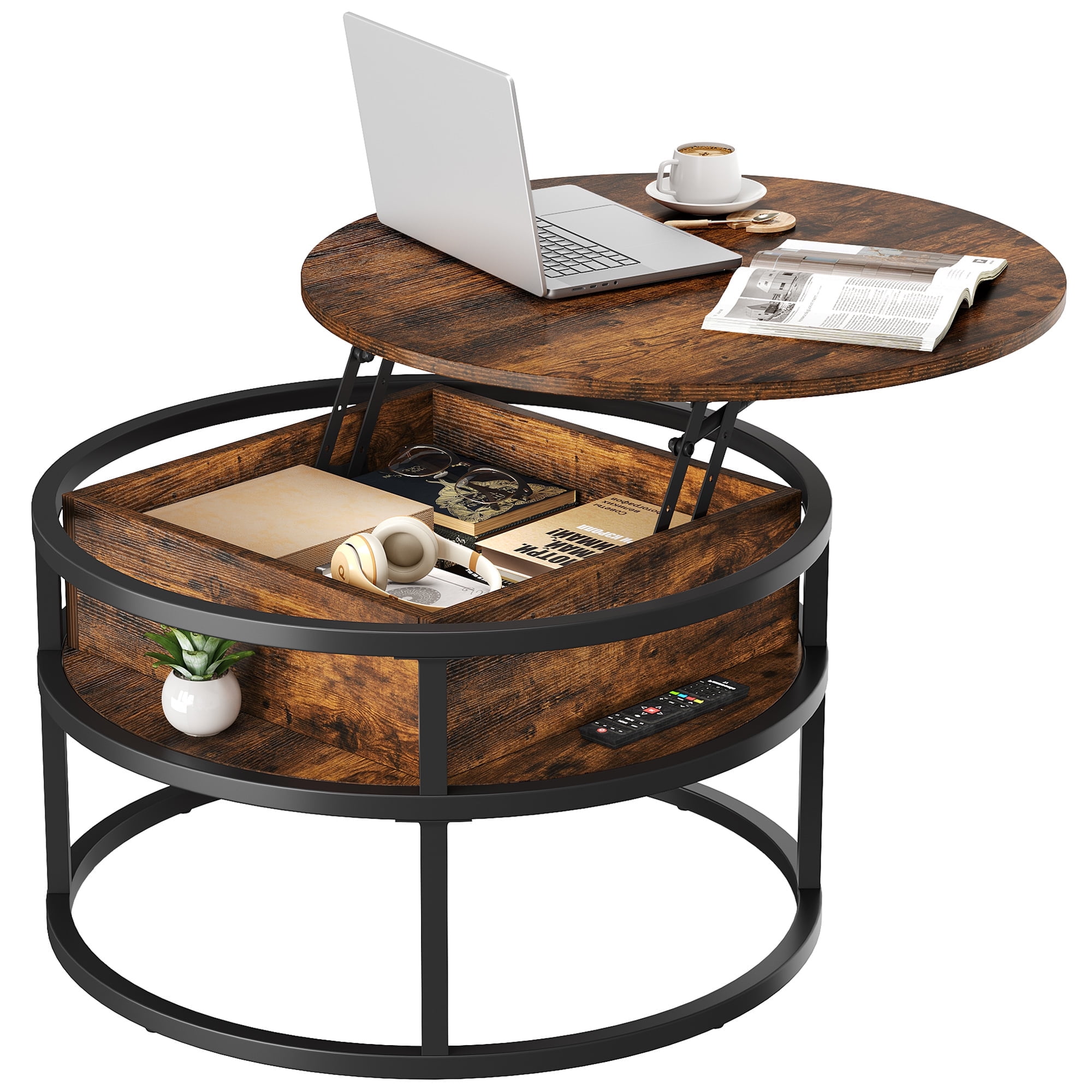 Dextrus Round Raising Extendable Wood Coffee Table with Lift Top and ...