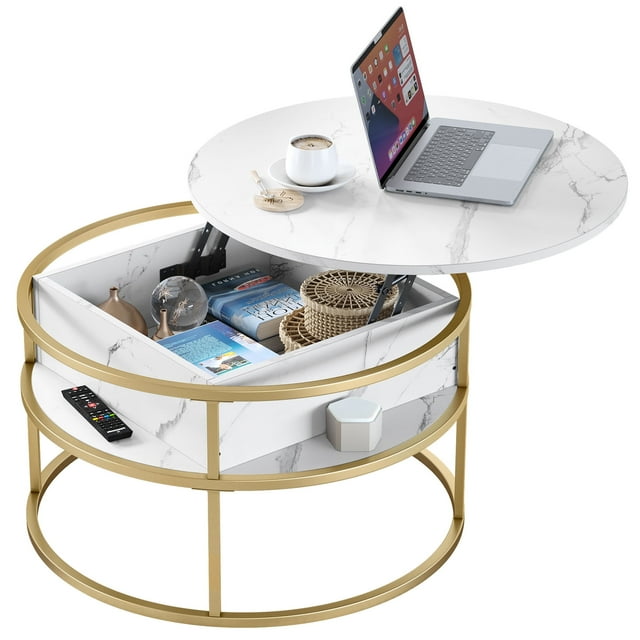Dextrus Marble Round Lift Top Table with Hidden Storage, White