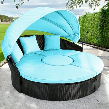 Dextrus Round Outdoor Daybed with Retractable Canopy and Rattan Wicker Design, Patio Round Outdoor Daybed, Turquoise