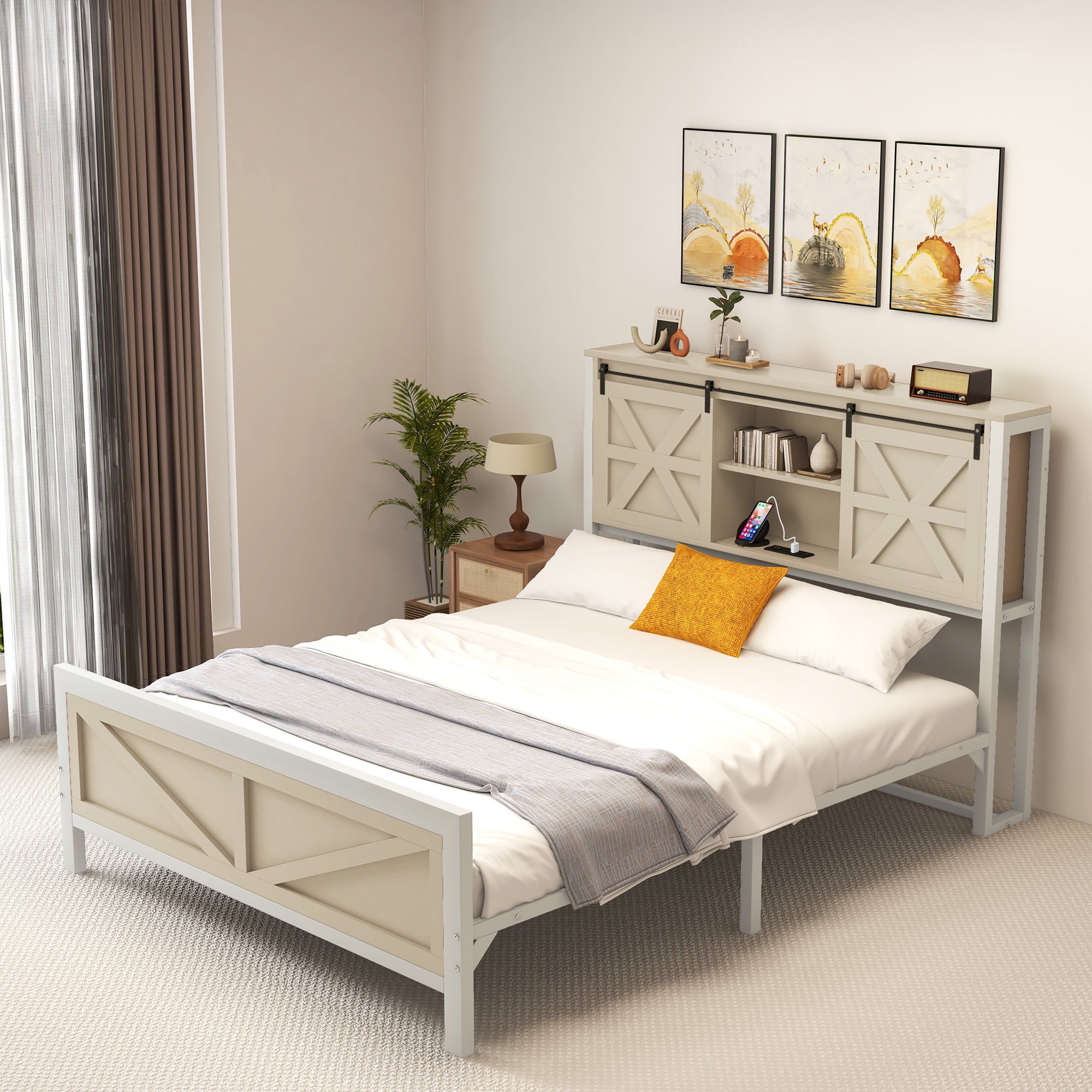 Dextrus Rustic Wooden Queen Bed Frame with Bookshelf Headboard, Sliding ...