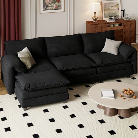 Dextrus Sectional Sofa with Ottoman, 108" L Shape Modern 4 Seat Cloud Couch with Pillow-Armrest, Black