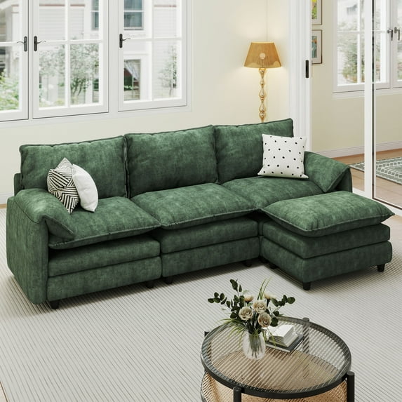Dextrus Sectional Sofa with Ottoman, 108" L Shape Modern 4 Seat Cloud Couch with Pillow-Armrest,Green