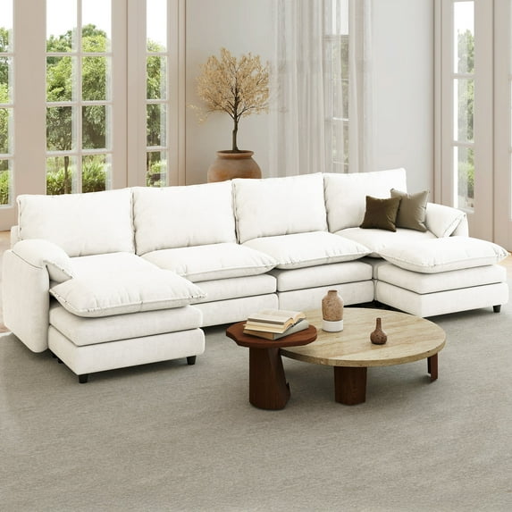 Dextrus Sectional Sofa with Ottoman, 142" U Shape Modern 6 Seat Cloud Couch with Pillow-Armrest, Beige