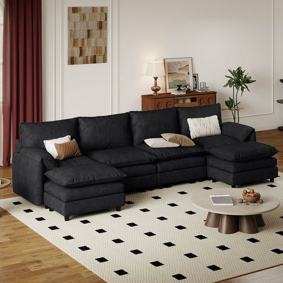 Dextrus Sectional Sofa with Ottoman, 142" U Shape Modern 6 Seat Cloud Couch with Pillow-Armrest, Black