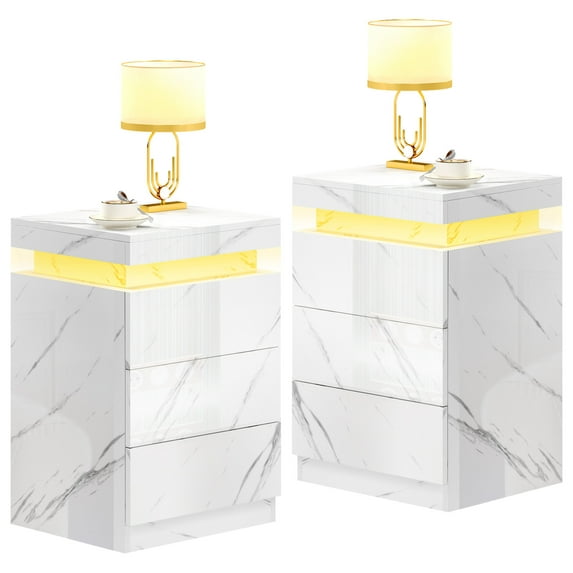 Dextrus Set of 2 LED Nightstand with 3 Drawers, 27" H Modern Bedside table with Adjustable RGB LED Light, High Gloss Nightstand Bedside Table for Bedroom, Living Room, Marble White