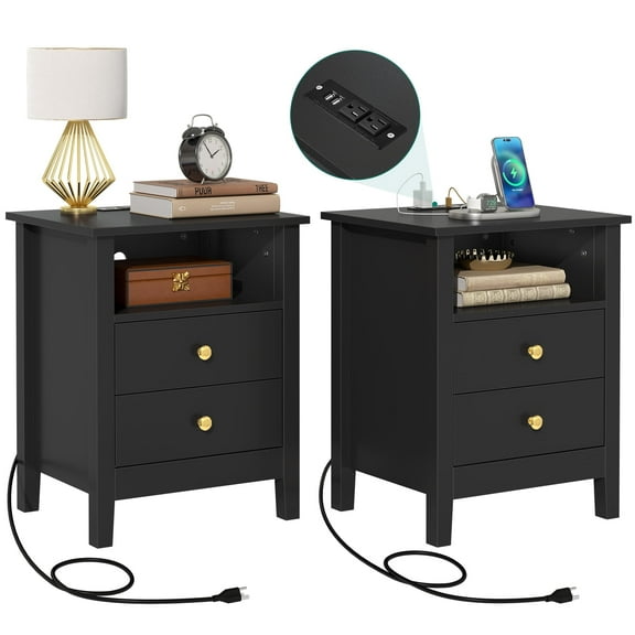 DEXTRUS Set of 2 Nightstand, Charging Station, End Side Table with 2 Drawers, Modern Bedside Bed Table, Black