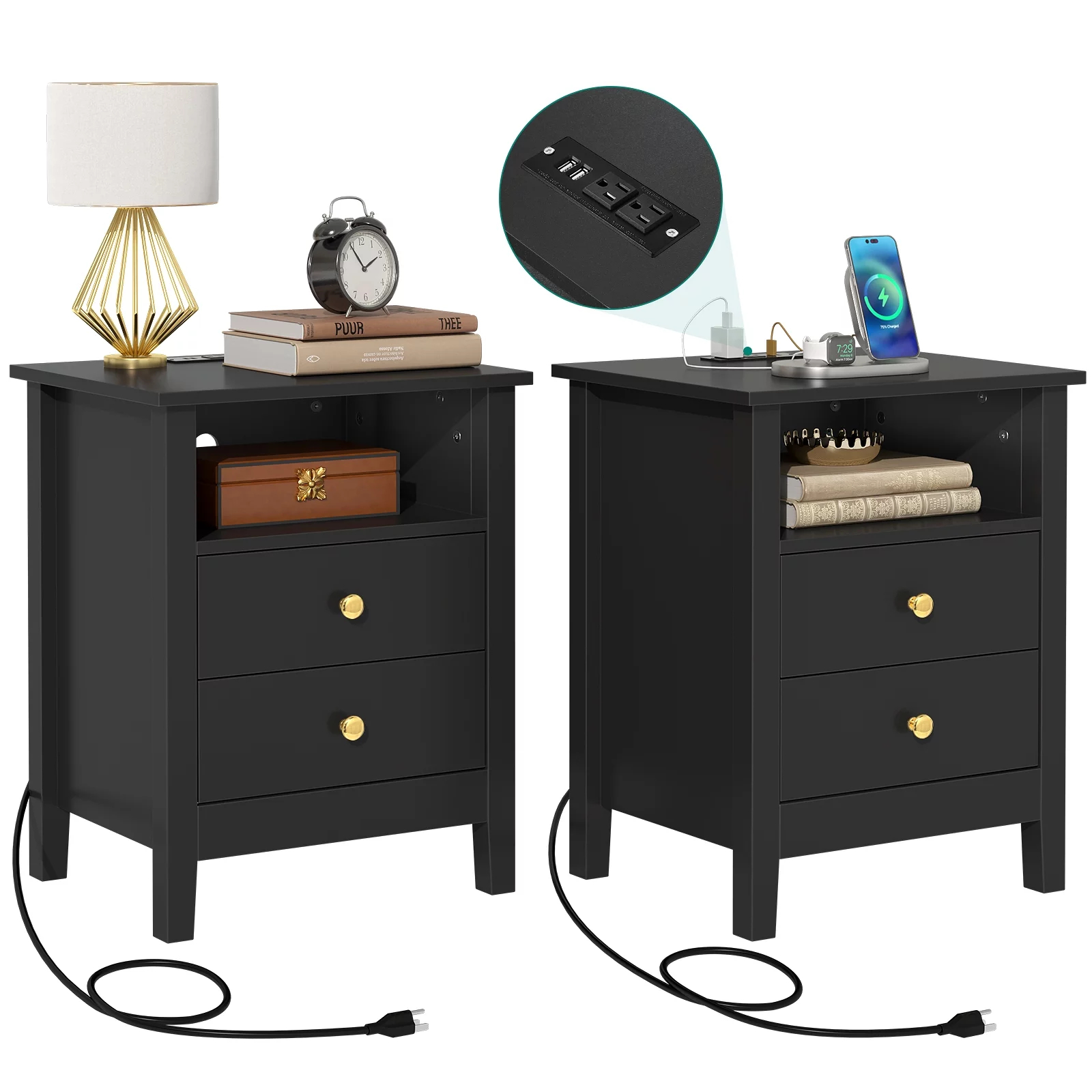 Dextrus Set of 2 Nightstand with Charging Station, End Side Table with