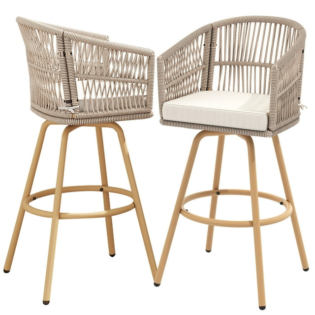 Dextrus Set of 2 Patio Rattan Wicker Swivel Bar Stools, Outdoor Bar