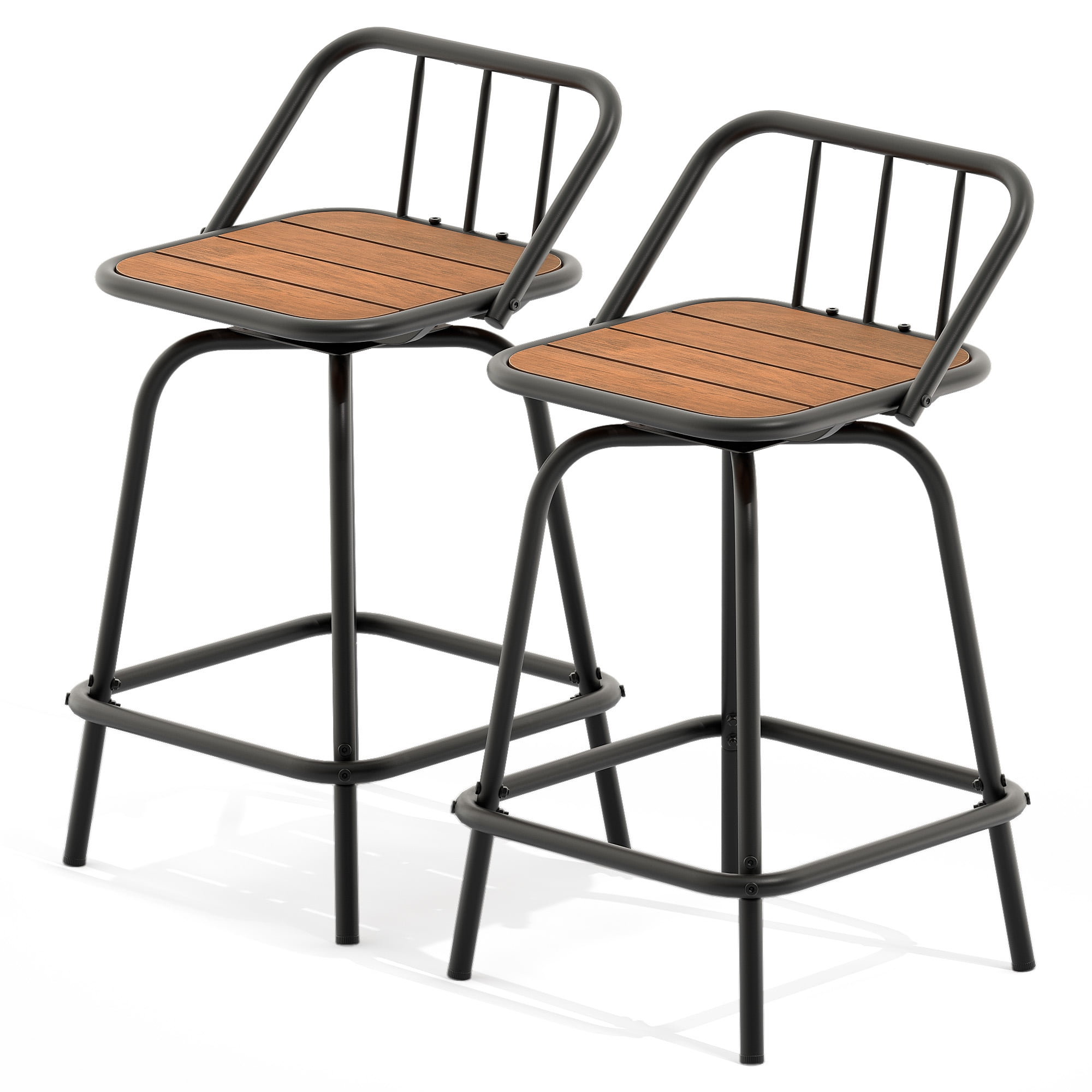 24'' Black and Brown Metal Outdoor Swivel Bar Stools with Plastic Seat