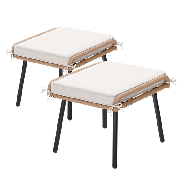 Dextrus Set of 2 Rattan Ottoman, Outdoor Seating, All-Weather Ottoman with Handwoven Rattan and Cushion, Ideal for Patio, Garden, Balcony, Porch, or Poolside, Beige