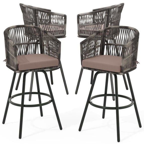 Dextrus Set of 4 Outdoor Rattan Wicker Bar Stools, Swivel Patio Bar Height Chairs, Counter Height Barstool with Cushions, Armrest and Footrest for Indoor, Garden, Poolside, Lawn, Backyard, Black
