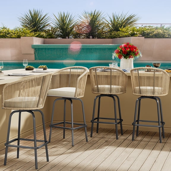 Dextrus Set of 4 Swivel Woven Patio Bar Stools, Outdoor Bar Chairs with Comfortable Back Cushions for Backyard Pool Area, Garden with 360-Degree Rotation (Light Yellow and Beige Color Scheme)