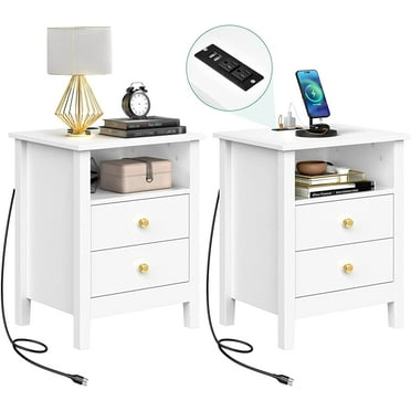 Dextrus Set of 2 Nightstand with Charging Station, Bedside Table with Power Outlet and Drawer, White