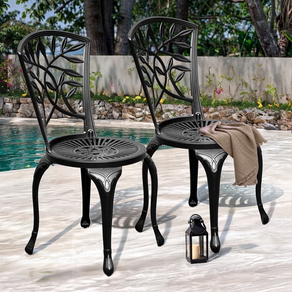 Dextrus Set of 2 Outdoor Cast Aluminum Dining Chairs, Patio Bistro Chairs with Adjustable Feet for Patio, Garden, Backyard, Balcony, Black