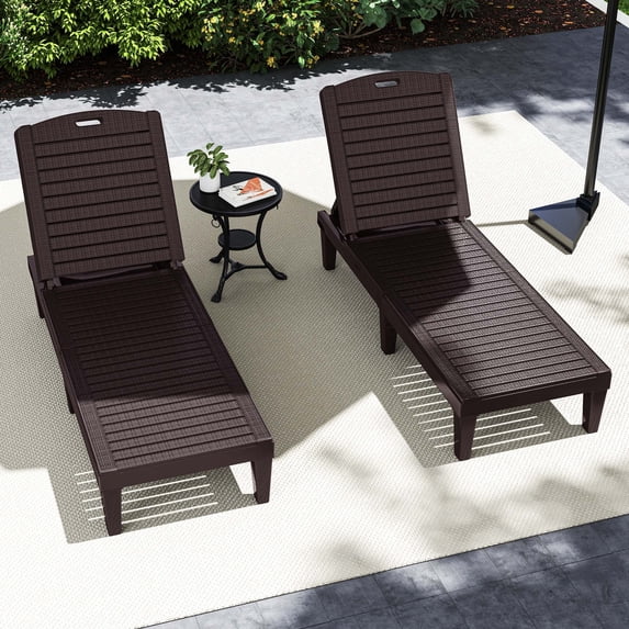 Dextrus Set of 2 Outdoor Patio Chaise Lounge Chairs, 5 Position Adjustable Backrest,Waterproof,Brown