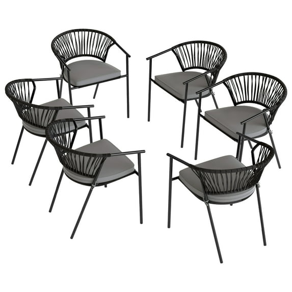 Dextrus Set of 6 Outdoor Dining Chair with Cushion, All-Weather Stackable Patio Bistro Chair Rope Woven Design - Gray